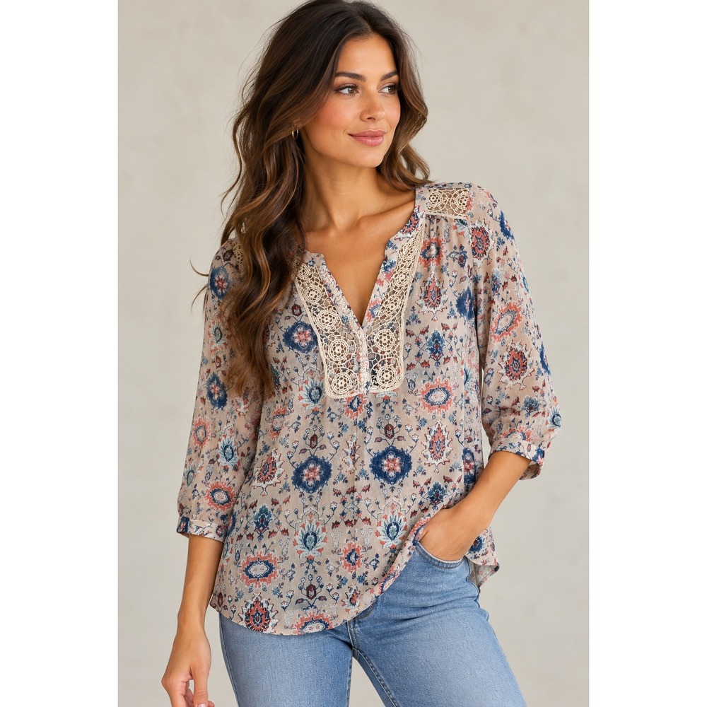 Anthropologie Maeve Lace Trim Floral Boho Blouse Tunic Top Size 6